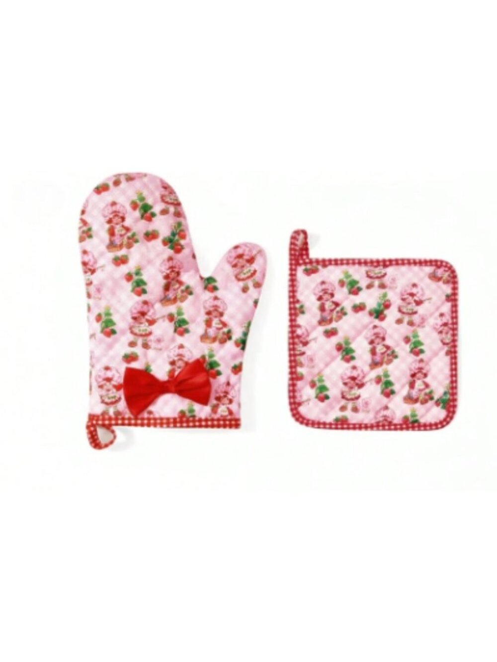 Strawberry Shortcake Pink Checkered Oven Mitt & Pot Holder Set Cute Strawberry